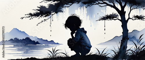 A black silhouette of a child alone on a quiet lakeside. A watercolor painting depicting a child deep in thought under a tree. A calm and melancholic lakeside landscape.