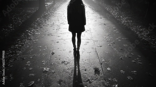 Mysterious monochrome image featuring a woman walking alone on a dark path at night reflecting the