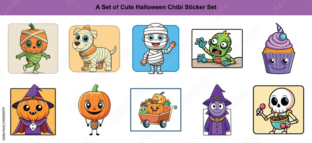 Fototapeta premium Diverse cartoon Halloween characters including a pumpkin, zombie, mummy, skeleton, cupcake, and more cheerfully