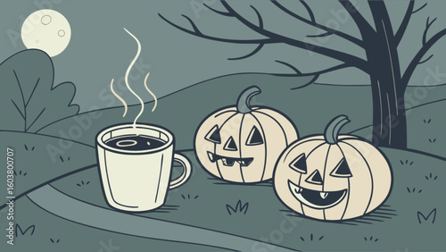 A halloween night scene featuring a steaming mug of coffee and two carved pumpkins under a full moon