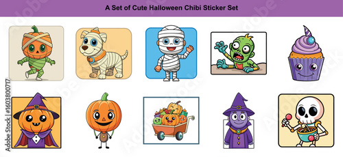 Diverse cartoon Halloween characters including a pumpkin, zombie, mummy, skeleton, cupcake, and more cheerfully