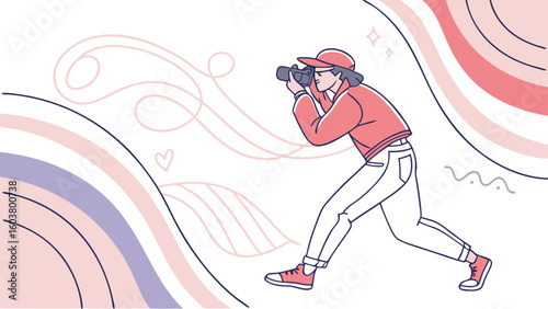 A stylishly dressed person in a red jacket and cap captures a moment with their camera set against a backdrop of abstract pastel curves and playful lines