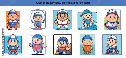 Chubby cartoon baby characters participate in several sports with caps and colorful athletic wear