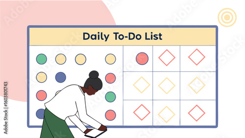 A person checks off tasks on a daily to do list with colorful circles and diamonds illustrating organization and productivity