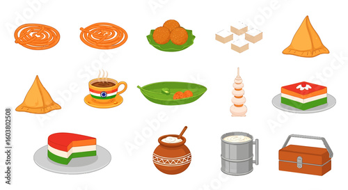 Colorful assortment of Indian sweets and snacks, arranged on a white background.