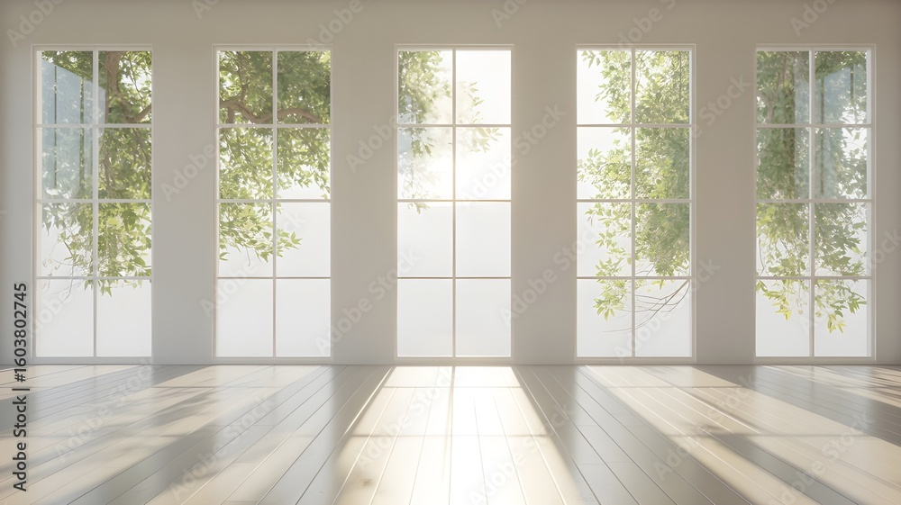 Obraz premium Bright Minimalist Room with Large Windows and Natural Light