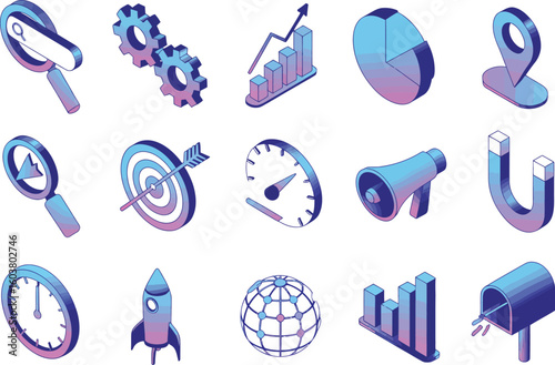 Isometric business icons with gears chart and target on a white background