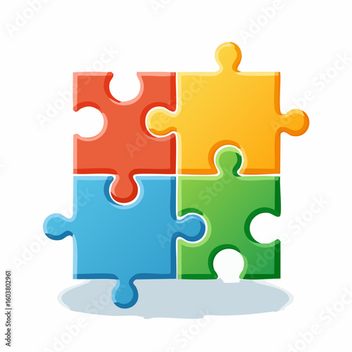 Four colorful puzzle pieces join to complete an analogy for teamwork