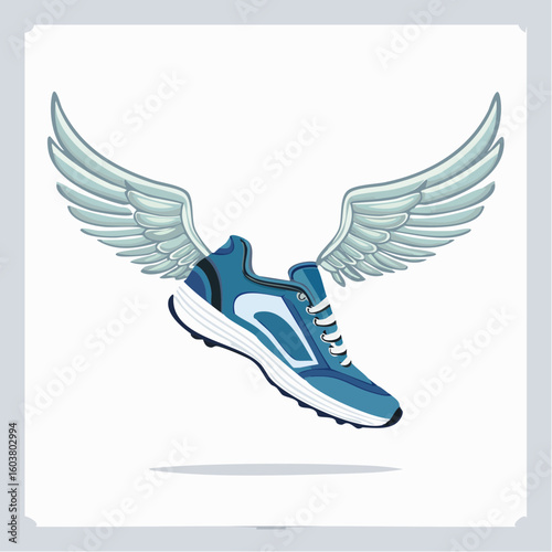 Blue runner shoe with silver wings symbolizes speed and athleticism