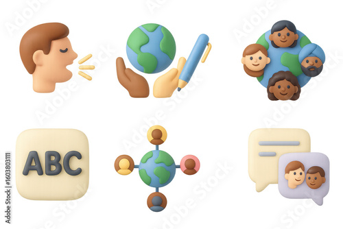 Diverse communication and global connection icons in 3d style
