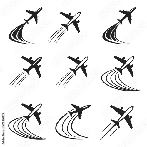 Black airplanes soaring with trails aircraft travel