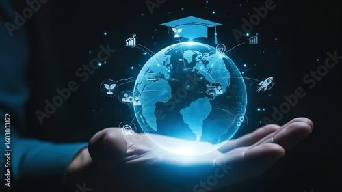 Global Digital Education Network: Hand Holding Glowing Earth Sphere with Learning Icons