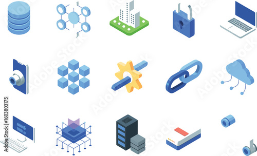 Isometric technology and data icons arranged on a white background