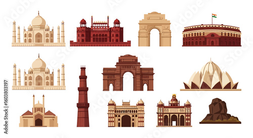 Collection of iconic Indian architectural landmarks, including the Taj Mahal, Red Fort, and India Gate.