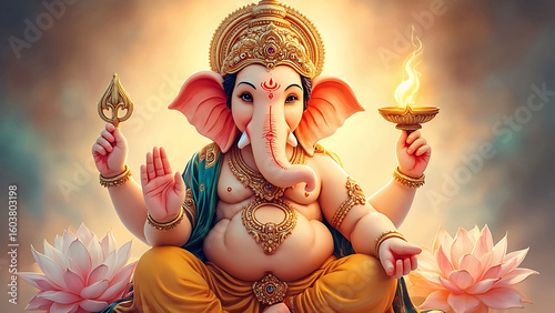 Watercolor Realistic Ganpati Radiant Form in Royal Aura,A Majestic Portrait of Ganpati with Lotus and Lamp, Showcasing Divine Blessings and Spiritual Grace of Ganesh ji.