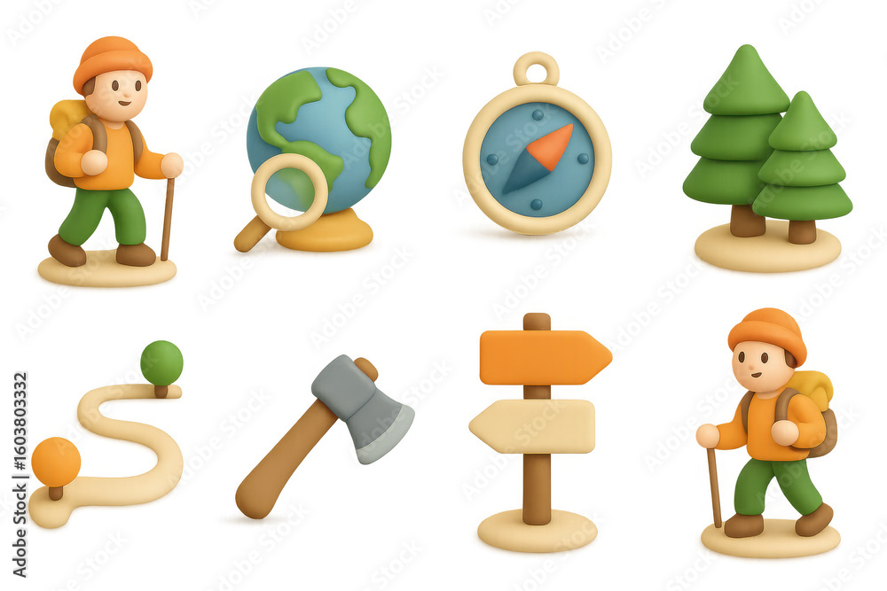 Fototapeta premium Isometric hiking and outdoor adventure icons with explorer theme