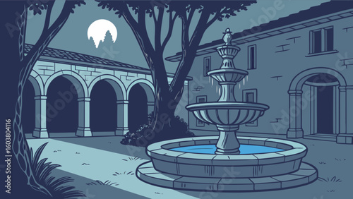 A tranquil courtyard scene with a tiered fountain under a full moon and arched architecture visible