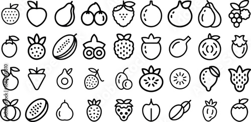 Fruits line icons set, banana, orange, grape, strawberry, watermelon, coconut, avocado, lemon, pear,, lime, kiwi, banana, orange, strawberry, grapes, vector illustration