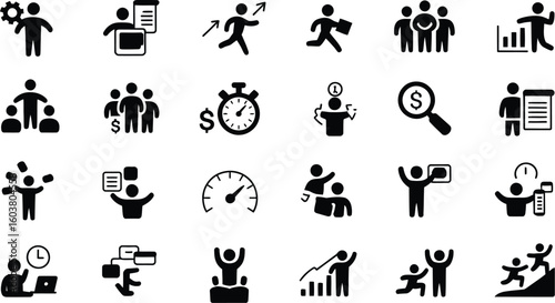 Collection of business and management icons representing various concepts