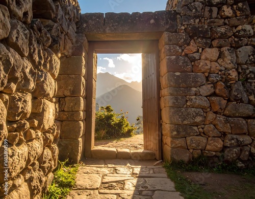 Ancient stone gateway to sunlit mountains