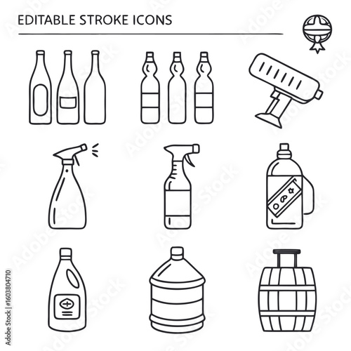 Various bottles sprayers and barrel icons liquid container