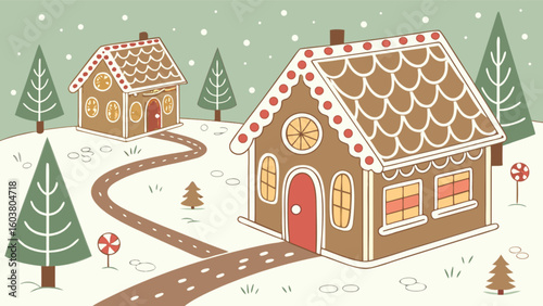 Two gingerbread houses with candy trim in a snowy landscape with trees and lollipop decorations