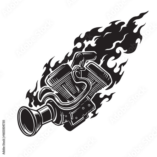 Black engine with flames motor mechanical