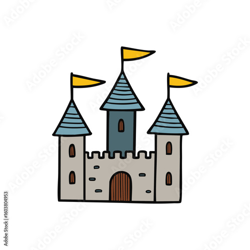 Illustration of a medieval stone castle with towers in sketch style