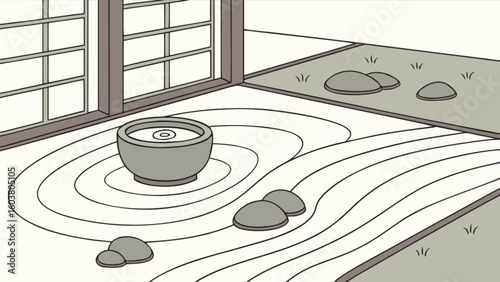 A zen garden with a water bowl, raked sand, and stones near a window in a minimalist style room