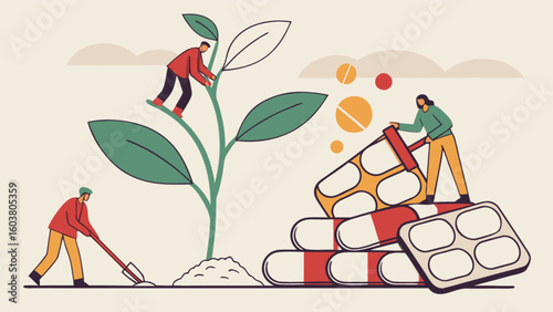 People interacting with a large plant and oversized pills representing growth and healthcare solutions