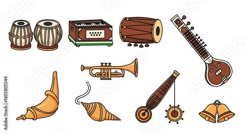 Colorful illustration of various traditional Indian musical instruments, isolated.