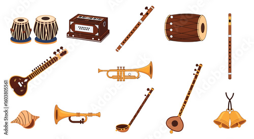 A collection of various musical instruments including drums, stringed instruments, wind instruments, and bells.