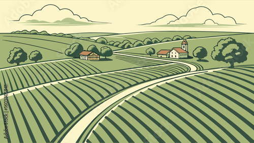 Scenic countryside landscape illustration with farm fields and rural village drawing vector artwork design