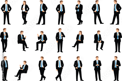 Illustrations of business people in suits in various poses on white background