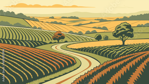 Scenic countryside landscape vector illustration with rolling hills and farm fields for graphic design use