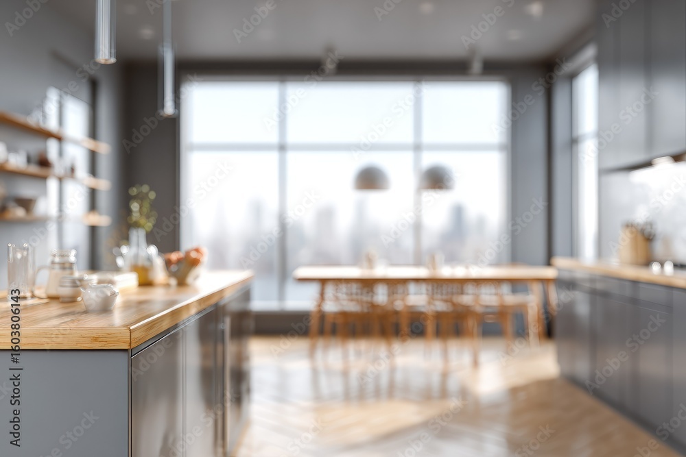 Fototapeta premium Blurred modern kitchen with city view, wooden island, and gray cabinets
