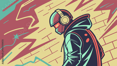 Urban dj with headphones and hoodie in front of brick wall street art illustration design concept