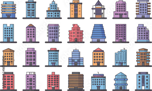 A collection of twenty four cartoon building icons on a white background