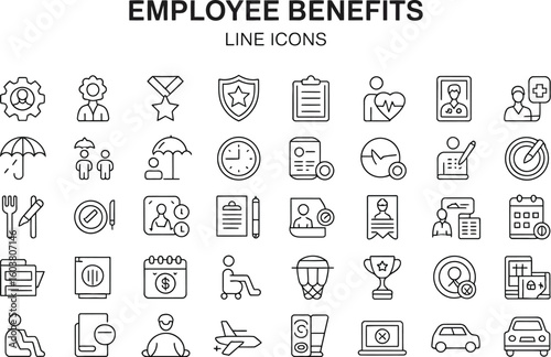 Employee benefits line icons representing various company perks and services