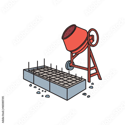 Illustration of a concrete base foundation with embedded rebar and nearby cement mixer