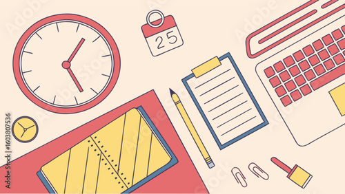 Office desk workspace with clock calendar laptop notepad and pen for productivity and time management concept
