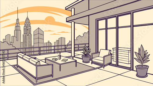 Luxury penthouse balcony with city skyline view and modern outdoor furniture design and potted plants decor