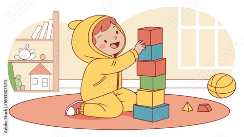Illustration of toddler playing with building blocks in playroom for early childhood development learning