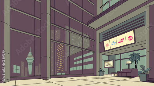 Modern office lobby interior design with city view and lounge area vector illustration design concept