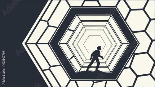 Hexagonal tunnel illustration with man silhouette vector art design for futuristic concept and background use