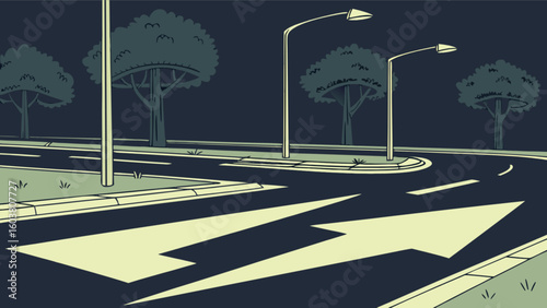 Night street scene illustration with arrow road markings and street lights vector graphic design