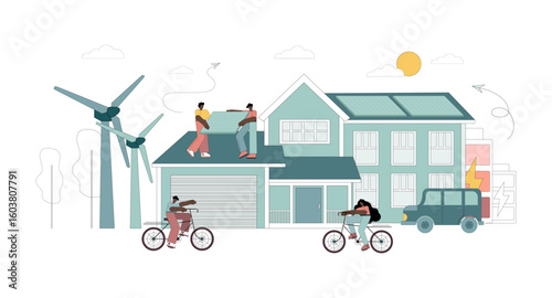Ecology and green energy concept. Eco-friendly traditional house. Green energy concept. Energy from solar panels and wind generators.