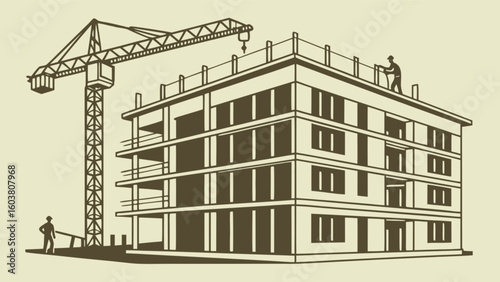 Construction site building under construction with crane and workers illustration for construction projects