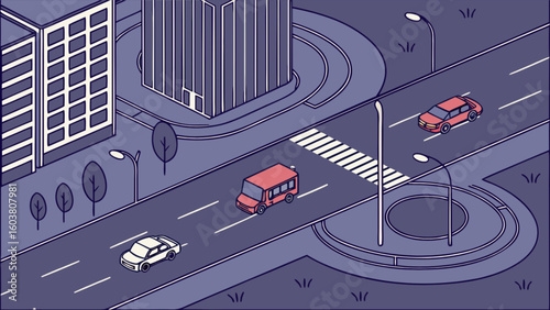 Isometric city street scene illustration with cars buildings and pedestrian crossing for urban design