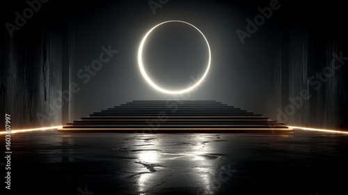 A glowing circular portal stands at the top of a dark stepped platform, illuminating a reflective floor in a mysterious, futuristic setting.